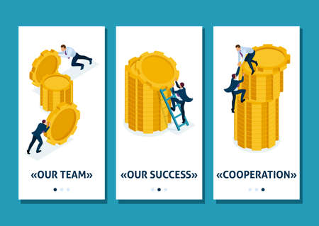Isometric Template app Business investment in business development, entrepreneurs build savings,...