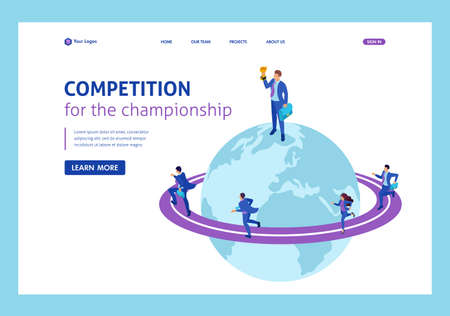 Isometric Businessman at the top of the world, entrepreneurs compete for leadership. Website Template Landing page.のイラスト素材
