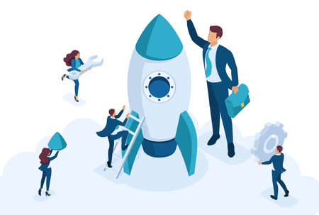 Isometric the concept development and startup business. Businessmen create a rocket. Concept for web design.のイラスト素材