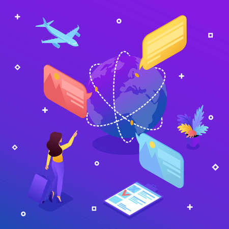 Isometric template bright tourist concept looks at the globe and choose the direction to relax. Vector illustration.のイラスト素材