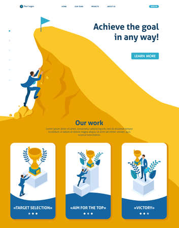 Isometric Website Template Landing page Build a career, businessman climbs the big Golden mountain, succeed. Adaptive 3D.のイラスト素材