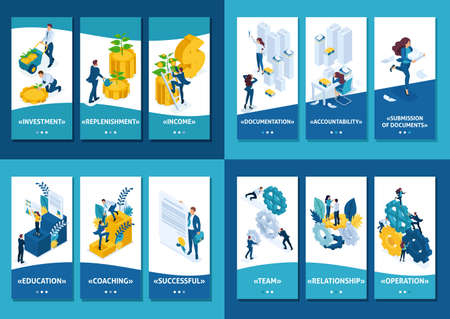Isometric Template app Preparation of audit reports, teamwork, capital investment, education for success.のイラスト素材