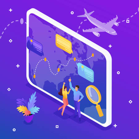 Isometric bright concept tourists, man and woman look at the globe and choose a destination for recreation. Vector illustration.のイラスト素材
