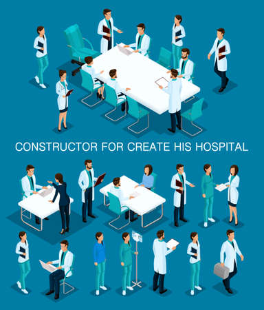 Business people isometric set to create his illustrations consultation in the hospital, doctors, nurses, surgeons 3D medical staff isolated on a dark blue background.のイラスト素材
