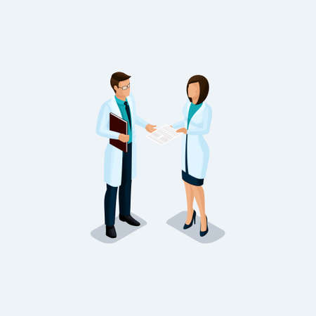 Isometric people, medical personnel, doctor and hospital worker isolated on a light background. Vector illustration.のイラスト素材