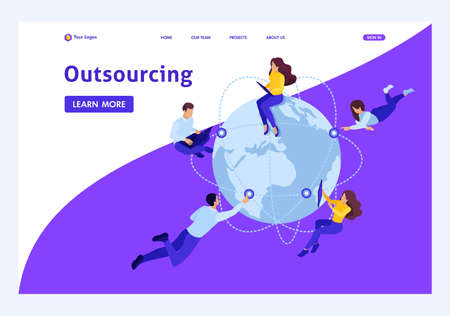 Isometric hiring remote workers for the project, cooperation through the Internet. Website Template Landing page.のイラスト素材