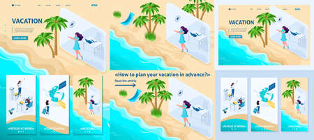 Set Template article, Landing page, app design, Isometric girl goes from office to vacation via tablet.のイラスト素材