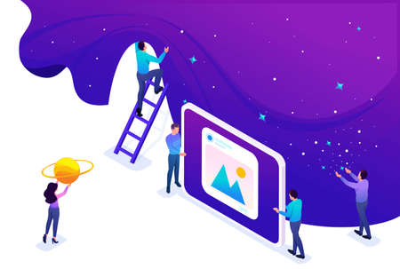 Isometric development and creation of a website, little men. Concept for web design.のイラスト素材