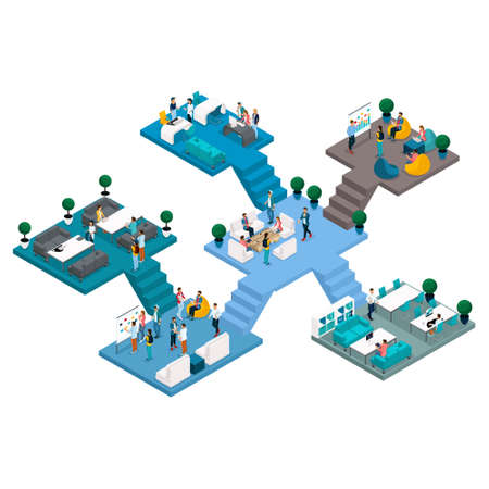 Luxury Isometric icons many storeyed building center in co working with stairs and bathrooms, free, creative people, freelancers work, socialize in a comfortable place in isolation. Vector illustration.のイラスト素材
