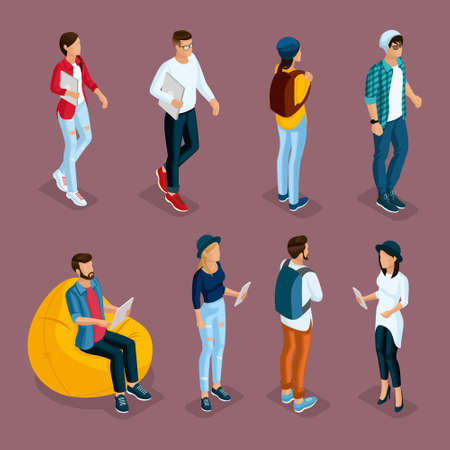 Trendy isometric young creative people, set 3 in stylish clothes with modern hairstyles. Freelancers students, hipsters isolated. Vector illustration.のイラスト素材