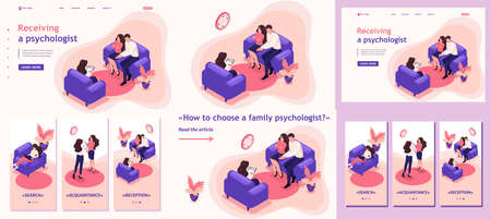 Set Template article, Landing page, app design, Isometric spouses at the reception of psychologist, conflict in the family.のイラスト素材