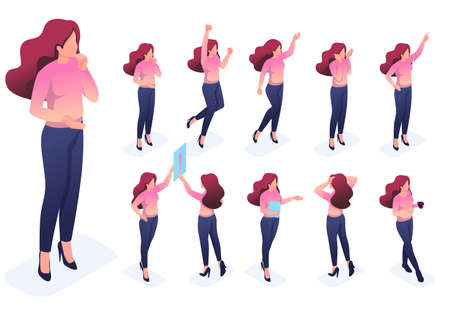Isometric set 3 of poses and gestures of the character, woman. To create vector illustrations, isolated background.のイラスト素材