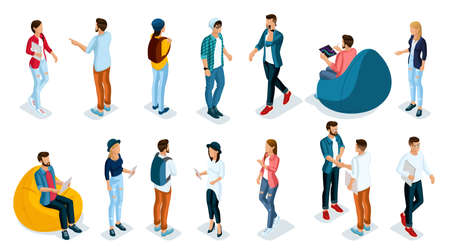 Trendy Isometric young people, teenagers and students. Creative people in the modern hipster clothing, shoes, jeans, hats, with modern gadgets, Freelancers on white background isolated. Vector illustrationのイラスト素材