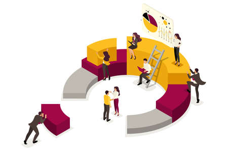 Isometric collecting and analyzing data, people collect a chart. Concept for web design.