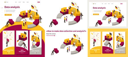 Set Template article, Landing page, app design, Isometric collecting and analyzing data, people...