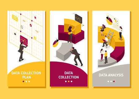 Isometric Template app collecting and analyzing data, people collect a chart, smartphone apps.