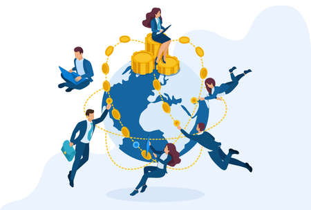 Isometric international investment company, businessmen fly around the world. Concept for web design.のイラスト素材
