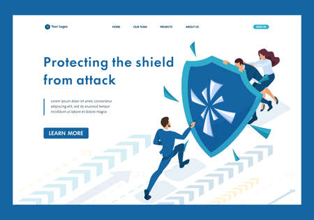 Isometric businessmen hiding behind a shield from attack. Template Landing page.のイラスト素材