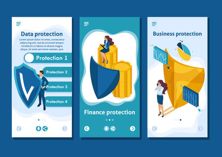 Isometric Template app concept how to ensure full safety of your business, lawyer girl, smartphone apps.のイラスト素材