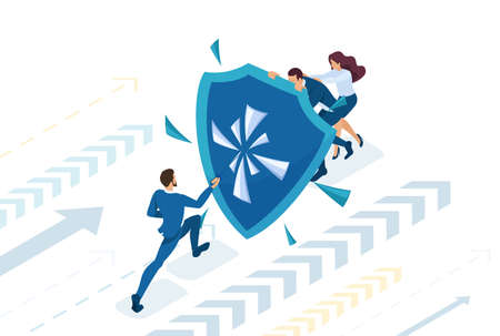 Isometric Business businessmen hiding behind a shield from attack. Concept for web design.のイラスト素材