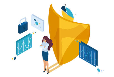 Isometric how to ensure full safety of your business, lawyer girl. Concept for web design.のイラスト素材