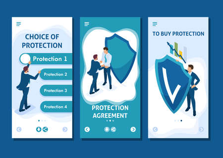 Isometric Template app concept Business businessmen hiding behind a shield from attack, smartphone apps.のイラスト素材