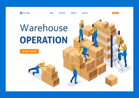 Isometric Workers in a warehouse collect boxes, warehouse work. Template Landing page.のイラスト素材