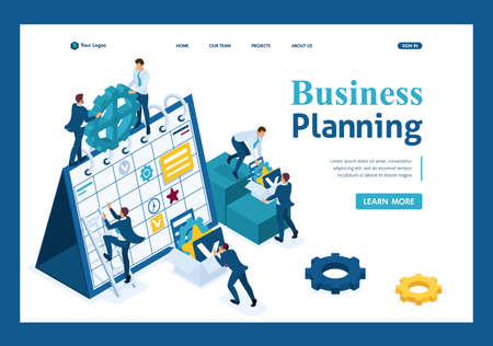 Isometric Businessmen make a business plan for the next month. Template Landing page.のイラスト素材