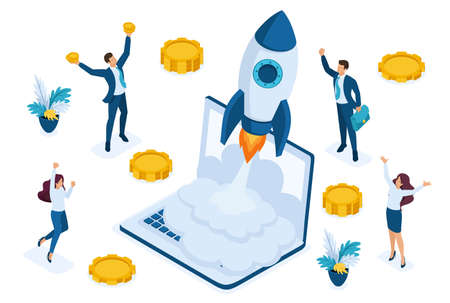 Isometric business startup, businessmen rejoice rocket take-off from laptop, business investment. Concept for web design.のイラスト素材