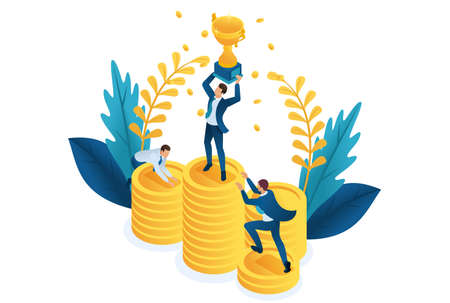 Isometric the winner with the prize, competitors are scrambling to take away the Cup. Concept for web design.のイラスト素材