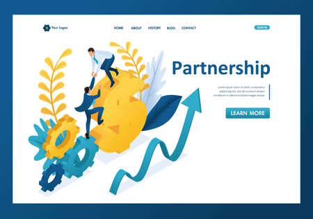 Isometric helping a big businessman to his partner, helping hand, partnership. Template landing page.のイラスト素材