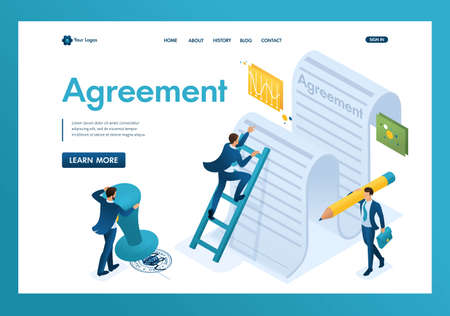 Isometric study of the text of the agreement by employees of the company and signing of the contract. Template landing page.のイラスト素材