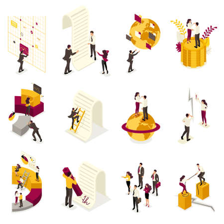 Set of isometric concepts of business processes of business globalization, disagreements in business, partnership, contract. To create web applications.のイラスト素材