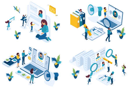 Set isometric concept job search applicant, resume writing, HP Manager, recruiters looking for employees. For create website and applications.のイラスト素材