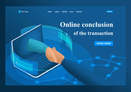 Isometric online conclusion of the transaction between large companies, partnership. Template landing page.のイラスト素材