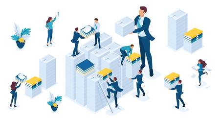 Isometric set of business people make up reports for tax, business audit, tax period, young businessmen.のイラスト素材
