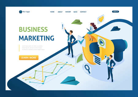 Isometric business marketing, businessmen next to the big megaphone and digital icons. Template landing page.のイラスト素材