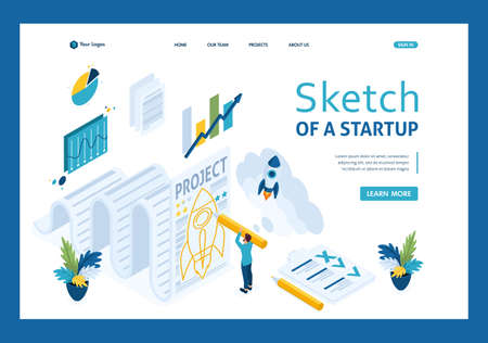 Isometric sketch a startup and paper, design sketch businessman. Template landing page.のイラスト素材