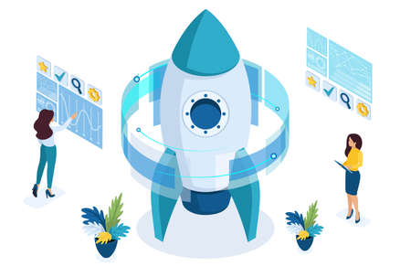 Isometric start up of a business project, a businesswoman working on a virtual screen. Concept for web design.のイラスト素材