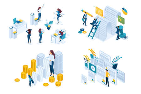 Isometric Set concept Working with documents, signing a contract, checking documents.のイラスト素材