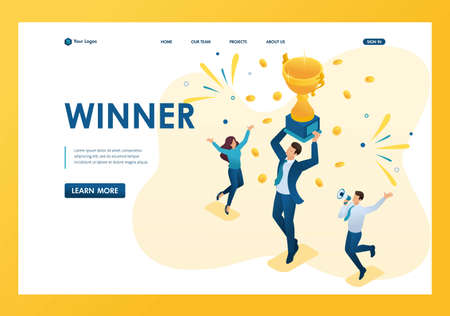 Isometric successful businessman celebrating a victory, and to triumph in Cup winners. Template landing page.のイラスト素材