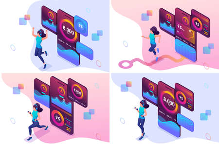 Set isometric girl's workout concepts uses a mobile app to track your workouts. For website and mobile website development.のイラスト素材