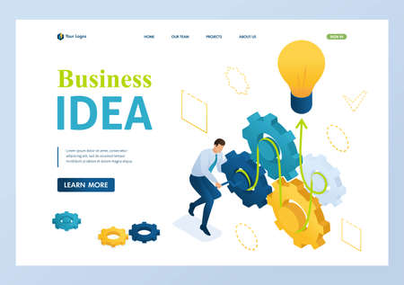 Entrepreneur develops a business idea twists gears. Concept of creating a business idea. 3d isometric. Landing page concepts and web design.のイラスト素材