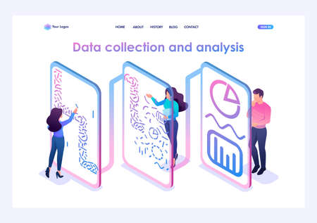 Team of professionals processes data and generates reports for analysis. Data analysis concept. 3d isometric. Landing page concepts and web design.のイラスト素材