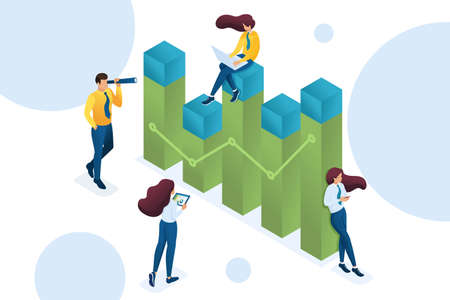 Young team of entrepreneurs engaged in business Analytics. Data analysis concept. 3d isometric Concept for web design.のイラスト素材