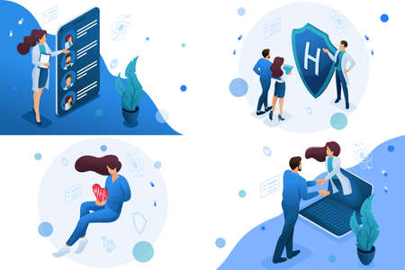 Set of isometric concepts work of doctors for the preservation and promotion of health. For Concept for web design.のイラスト素材