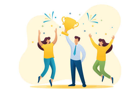 Successful businessman celebrating a victory, and to triumph Cup winners. Flat 2D character. Concept for web design.のイラスト素材