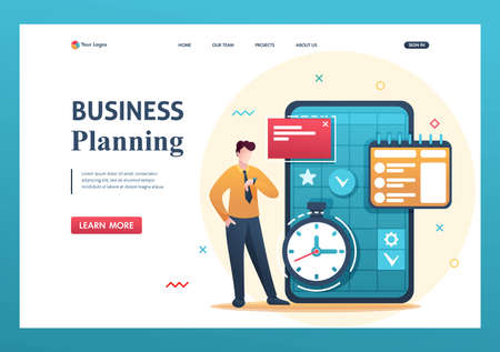 Young entrepreneur plans the time for business, fills the calendar for the month. Flat 2D character. Landing page concepts and web design.のイラスト素材