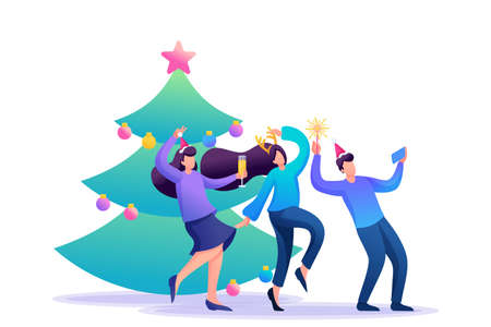 Young people have fun near the Christmas tree, laughing, dancing, taking pictures. Flat 2D character. Concept for web design.のイラスト素材