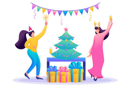 Young girls have fun near the Christmas tree, drink champagne. Flat 2D character. Concept for web design.のイラスト素材